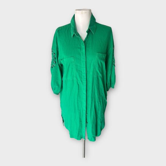 Young Fabulous & Broke Dresses & Skirts - YFB Young Fabulous & Broke Green Linen Shirt Dress Women's Small Boho Beachy